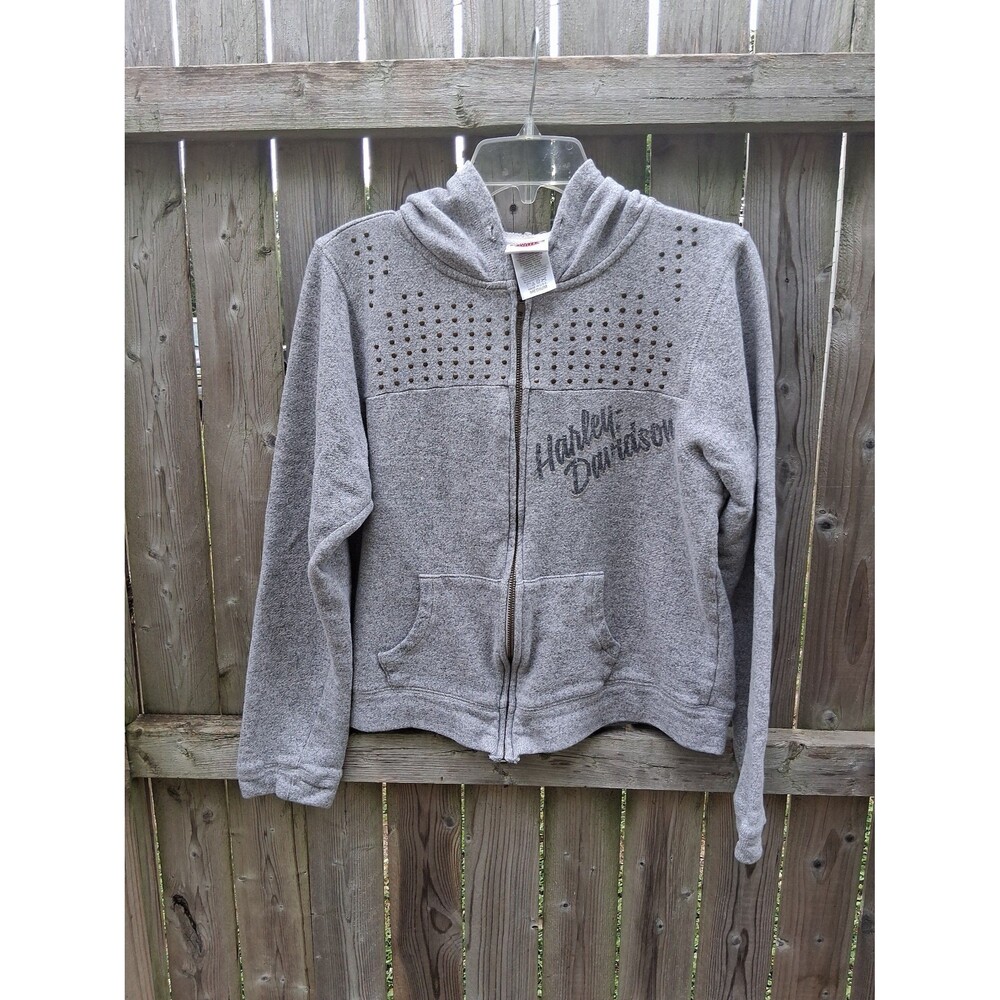 039 Harley Davidson Women's Zip Up Hoodie Jacket Gray Medium Davenport Iowa